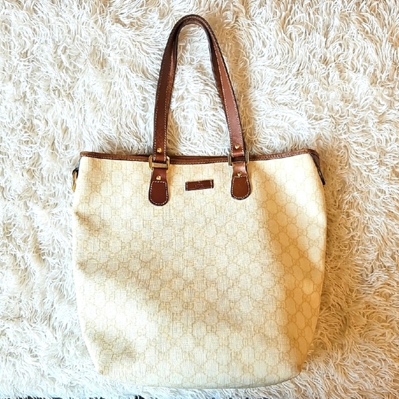 Gucci Cream and Brown Monogram Tote Handbag Purse - Picture 1 of 14